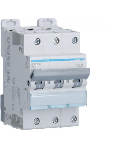 Disjoncteur 3P 6-10kA courbe D - 16A 3 modules HAGER NGT316