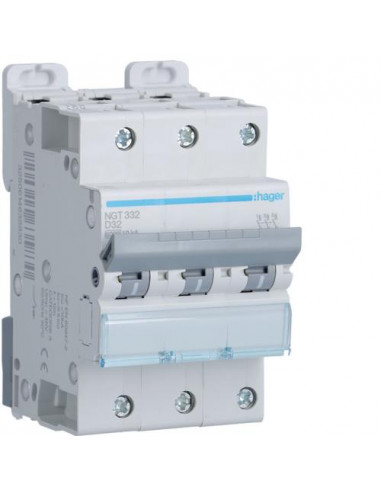 Disjoncteur 3 Pôles 6-10kA courbe D 32A 3 modules HAGER NGT332