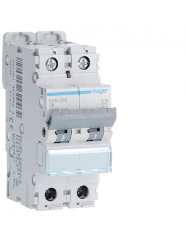 Disjoncteur 2P 10-15kA courbe C - 6A 2 modules HAGER NKN206