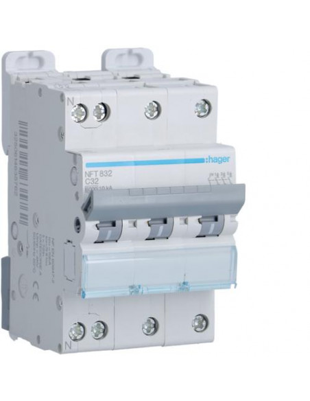 Disjoncteur 3P+N 6-10kA courbe C - 32A 3 modules HAGER NFT832