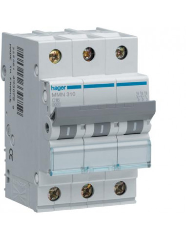 Disjoncteur magnétique 3P 25kA 10A 3 modules HAGER MMN310