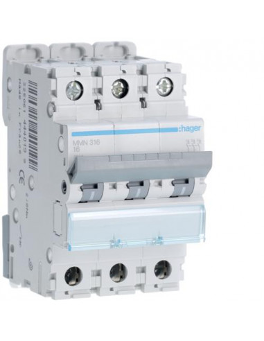 Disjoncteur magnétique 3P 20kA 16A 3 modules HAGER MMN316
