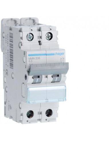 Disjoncteur magnétique 2P 25kA 6.3A 2 modules HAGER MMN206