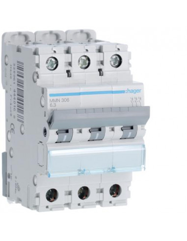 Disjoncteur magnétique 3P 25kA 6.3A 3 modules HAGER MMN306