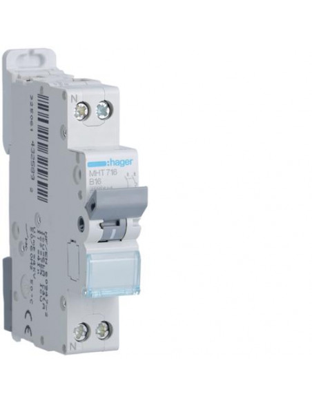 Disjoncteur 1P+N 4.5-6kA courbe B 16A 1 module HAGER MHT716