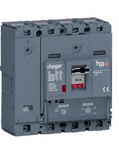 Disjoncteur Boitier Moulé h3+ P160 TM ADJ 4P4D N0-100% LN 63A 25kA CTC HAGER HHS064DC