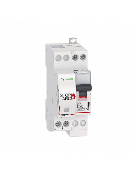 Disjoncteur DX³ STOP ARC 4500 6kA arrivée haute sortie basse à vis 1P+N 230V~ 20A courbe C 2 modules LEGRAND 415908