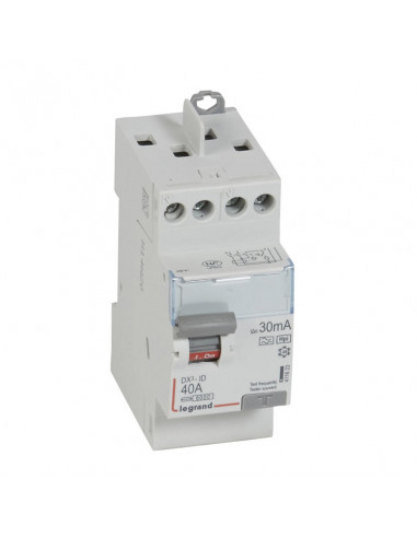 Interrupteur différentiel DX³-ID arrivée haute et départ haut à vis 2 Pôles 230V 40A type F 30mA 2 modules LEGRAND 411623