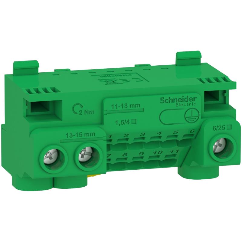 Resi9 bornier terre 63A + cavalier auto 11x1,5² à 4² vis 3x6² à 25² SCHNEIDER LGYT1E14