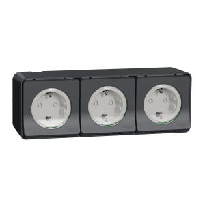 Mureva Styl 3 PC 2P+T schuko horiz précâblées saillie IP55 IK08 gris SCHNEIDER MUR36038 2