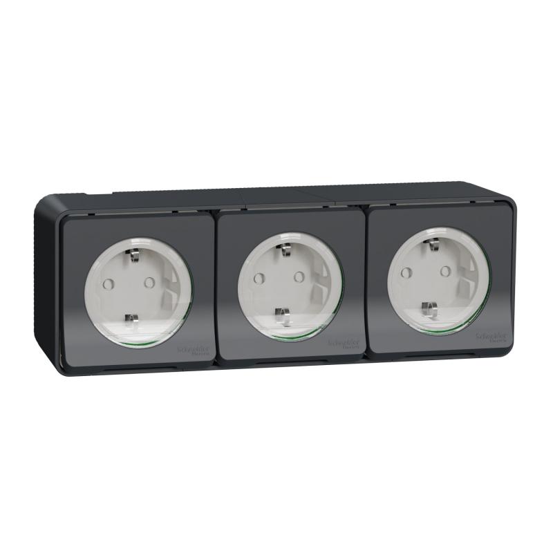 Mureva Styl 3 PC 2P+T schuko horiz précâblées saillie IP55 IK08 gris SCHNEIDER MUR36038