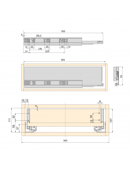 Kit de tiroir pour cuisine et salle de bain Vertex de hauteur 93 mm avec panneaux incluses. EMUCA 3173235