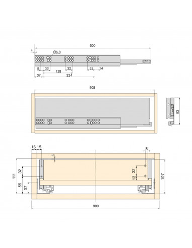 Kit de tiroir pour cuisine et salle de bain Vertex de hauteur 93 mm avec panneaux incluses. EMUCA 3173235