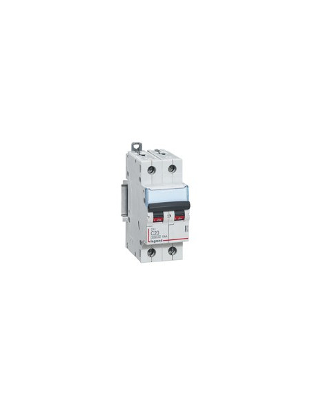 Disjoncteur DX³6000 10kA arrivée haute et départ bas à vis 2 Pôles de 230V à 400V 20A courbe C 2 modules LEGRAND 407785