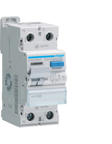 Interrupteur différentiel 1P+N 80A 30mA type AC HAGER CDC580F