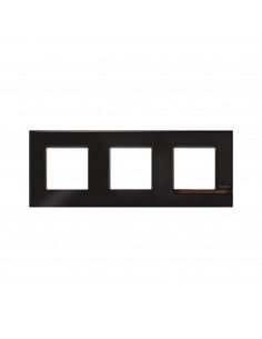 Plaque Altège Déco 3 postes Onyx noir brillant avec liseré bois foncé BTICINO BTAL9ON3