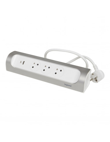 MULTIPRISE FB 3X2P+T CORNER ANGLE USB A+C 1M 1.5MM2 ALUMINIUM PEINT BLANC LEGRAND 049406
