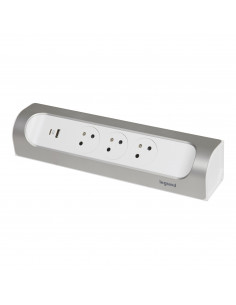Multiprise d'angle équipée de 3 prises 2P+T Surface 16A 230V prise USB Type-A+C 3A 15W à câbler blanc et alu LEGRAND 049409