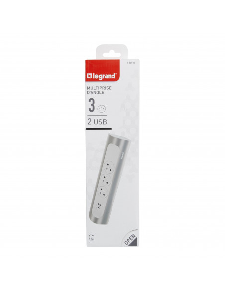 Multiprise d'angle équipée de 3 prises 2P+T Surface 16A 230V prise USB Type-A+C 3A 15W à câbler blanc et alu LEGRAND 049409