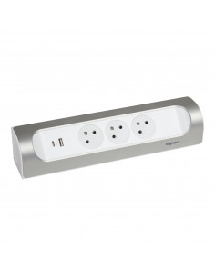 Multiprise d'angle équipée de 3 prises 2P+T Surface 16A 230V prise USB Type-A+C 3A 15W à câbler blanc et alu LEGRAND 049409 2
