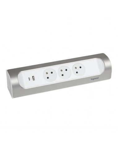 Multiprise d'angle équipée de 3 prises 2P+T Surface 16A 230V prise USB Type-A+C 3A 15W à câbler blanc et alu LEGRAND 049409