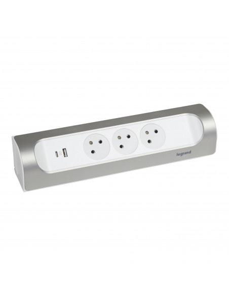 Multiprise d'angle équipée de 3 prises 2P+T Surface 16A 230V prise USB Type-A+C 3A 15W à câbler blanc et alu LEGRAND 049409