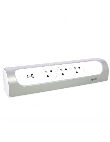 Multiprise d'angle équipée de 3 prises 2P+T Surface 16A 230V prise USB Type-A+C 3A 15W à câbler blanc et alu LEGRAND 049409