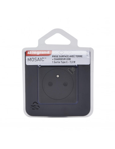 Prise de courant Surface Mosaic avec chargeur Type-C 2 modules noir mat LEGRAND 099449