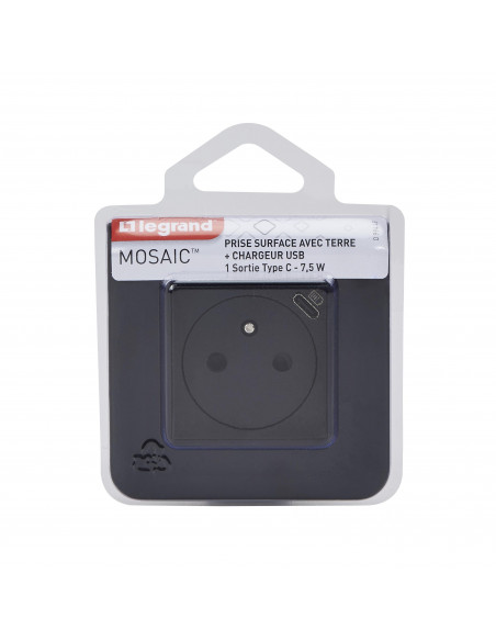 Prise de courant Surface Mosaic avec chargeur Type-C 2 modules noir mat LEGRAND 099449