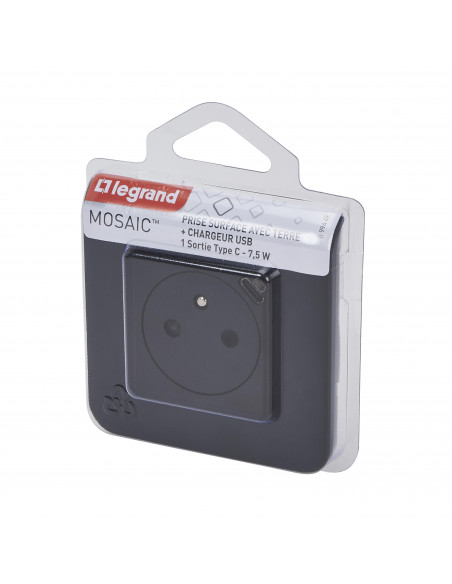 Prise de courant Surface Mosaic avec chargeur Type-C 2 modules noir mat LEGRAND 099449