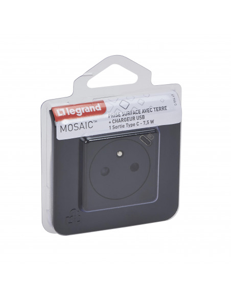 Prise de courant Surface Mosaic avec chargeur Type-C 2 modules noir mat LEGRAND 099449