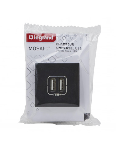 Double chargeur USB Type-A Mosaic 2,4A 2 modules noir mat LEGRAND 099450