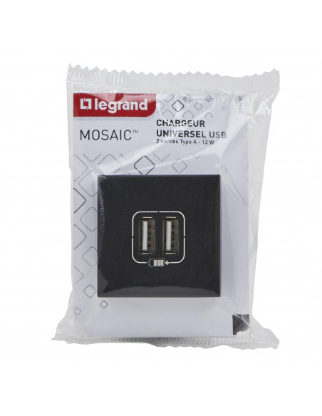 Double chargeur USB Type-A Mosaic 2,4A 2 modules noir mat LEGRAND 099450