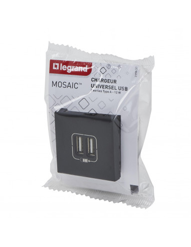 Double chargeur USB Type-A Mosaic 2,4A 2 modules noir mat LEGRAND 099450