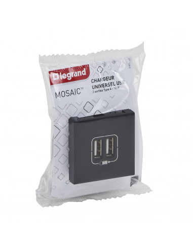 Double chargeur USB Type-A Mosaic 2,4A 2 modules noir mat LEGRAND 099450