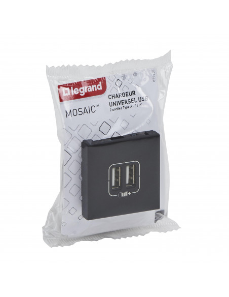 Double chargeur USB Type-A Mosaic 2,4A 2 modules noir mat LEGRAND 099450