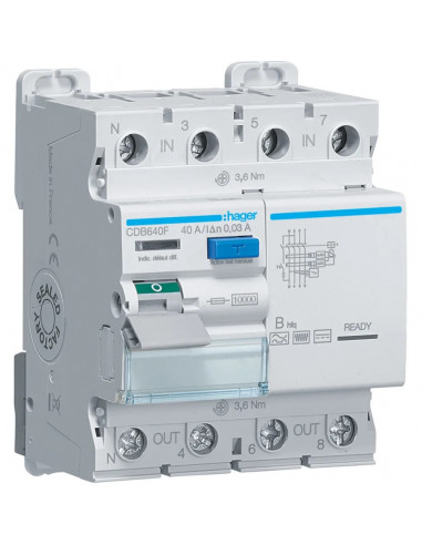Interrupteur différentiel 4P 40A 30mA type B HAGER CDB640F