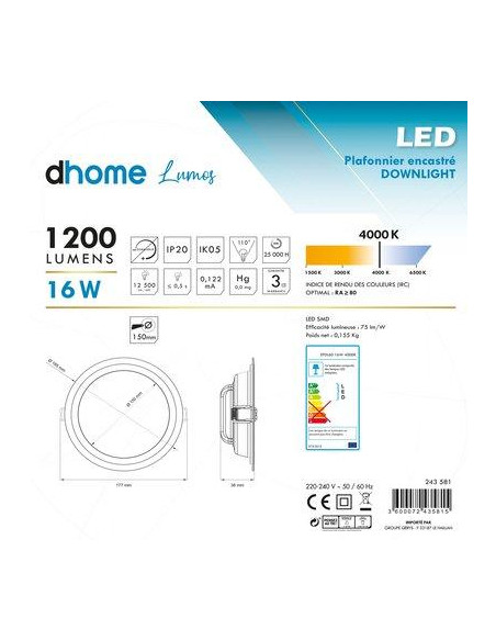 LUMOS ENCAS. D165 4000K IP20 Dhome EPDL60 16W 4000K