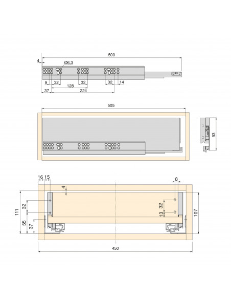 Kit de tiroir pour cuisine et salle de bain Vertex de hauteur 93 mm avec panneaux incluses. EMUCA 3173112