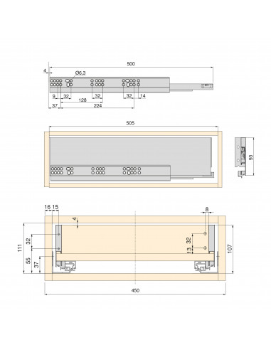 Kit de tiroir pour cuisine et salle de bain Vertex de hauteur 93 mm avec panneaux incluses. EMUCA 3173235