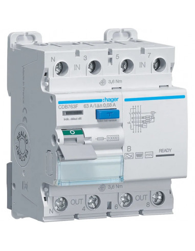 Interrupteur différentiel 3P+N 63A 30mA type B HAGER CDB763F